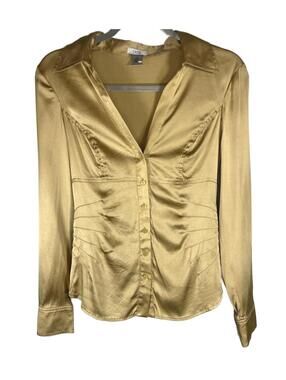 Cache Silk Satin Blouse M Gold Ruched Button Down Shirt Vintage Y2K Officecore